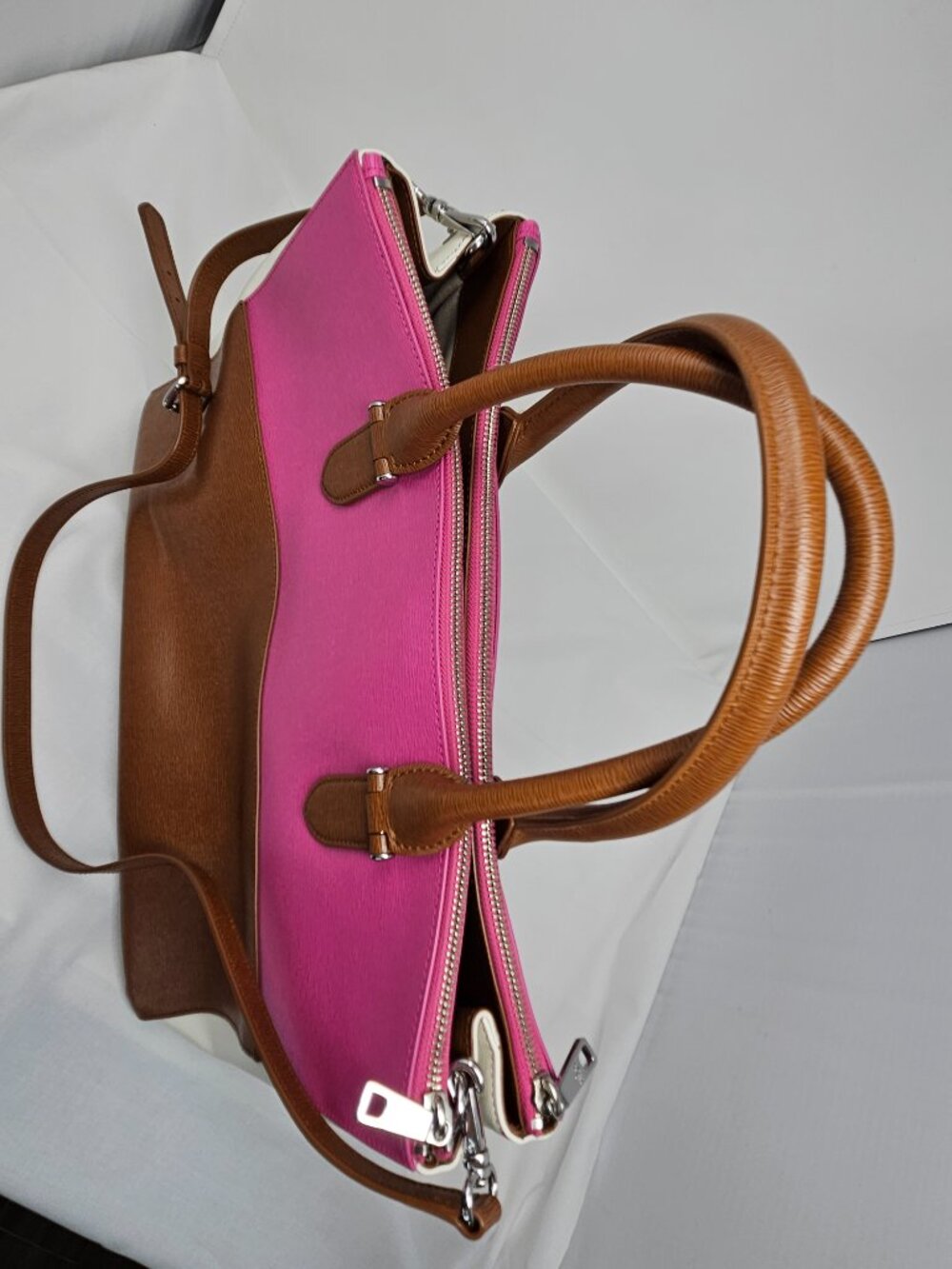 Lauren Ralph Lauren Newbury Tri-Color Leather Handbag - Brown / Vanilla / Rose - Picture 4 of 11